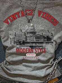 SHEIN EZwear 女士休闲简约复古风景标语印花褶皱腰部露肩修身短袖T恤，适合夏季穿着，Y2K不对称肩部紧身设计，露肩上衣 - 淺灰色 - 查看 4