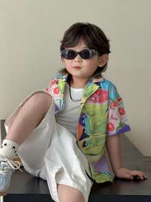 DAZY Young Boys' Drop Shoulder Short Sleeve Front Button Fashionable Printed Casual Shirt - Multicolor - View 3