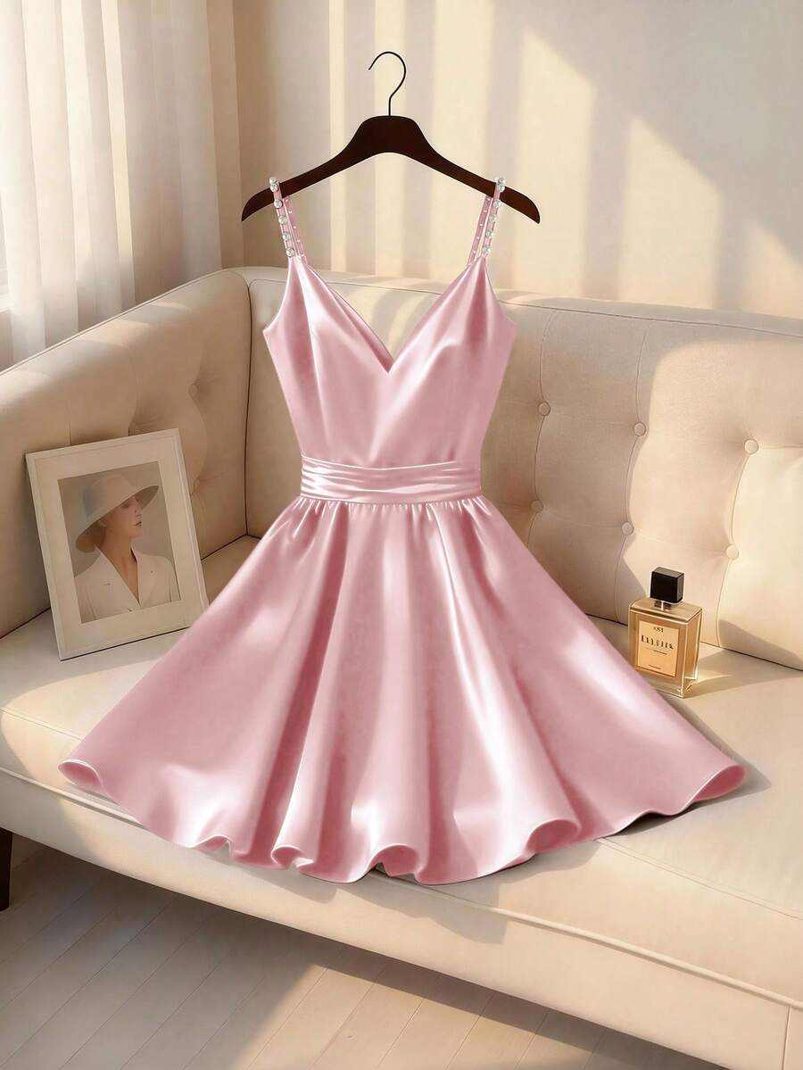 Franclia Đầm ngắn bằng satin màu đỏ tía thanh lịch, lãng mạn, họa tiết bong bóng, dành cho nữ, thích hợp cho mùa xuân/hè. - Màu Hồng baby - Xem 1