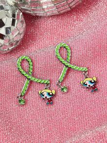THE POWERPUFF GIRLS X SHEIN 1 Set Fashion Zinc Alloy Cartoon Pattern Printed Rhinestone Stud Earrings, Simple & Elegant, Suitable For Party, Concert, Festival - Platinum - View 7