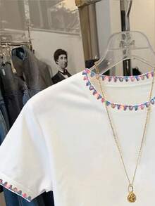 Resyla 女士休闲撞色刺绣边饰短袖T恤，夏季 - 白色 - 查看 4