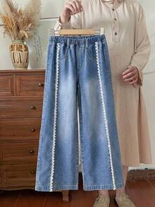 SHEIN Girls' Floral Trim Loose Wide Leg Blue Denim Pants - Light Wash - View 7