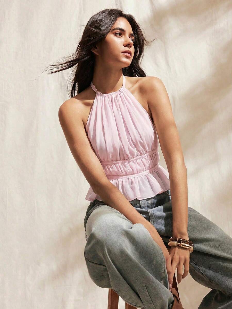 Easelle 女士浅紫色褶皱细肩带系带吊带背心，春夏款 - 淡紫色 - 查看 1