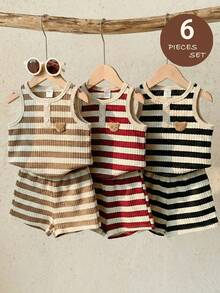 LMoss Kids Bộ 6 món áo ba lỗ và quần short dệt kim kẻ sọc cho bé trai, kiểu dáng thường ngày. - Nhiều màu - Xem 1