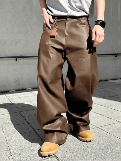 Manfinity EMRG Pantalones de cuero de PU marrón talla grande para hombres, pantalones rectos casuales y sueltos, versátiles y de moda