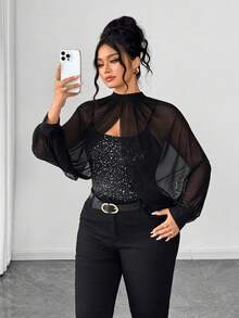 Elenzga Áo hai dây nữ thời trang đính sequin, thiết kế cổ đứng, phối cùng khăn choàng lưới và dây đeo mỏng, áo thun sequin thanh lịch, thích hợp cho các buổi tiệc mùa xuân/thu/đông, hẹn hò, Giáng sinh, Halloween, Ngày lễ tình nhân, Năm mới và các ngày lễ khác. - màu đen - Xem 5