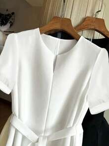 SHEIN Clasi Áo cánh đơn sắc cổ tròn tay ngắn thắt eo thường ngày cho nữ - trắng - Xem 3