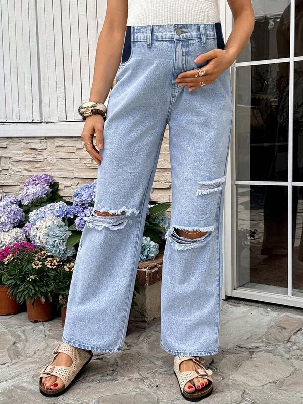 SHEIN Pantalones vaqueros anchos y sueltos de maternidad de estilo casual, azules, de pierna ancha, rectos, para el Día de Acción de Gracias, primavera y verano, carnaval, viajes, graduación, estilo Y2K, fiesta, boda, elegante, casual, de cintura alta, lavado claro, rotos, con soporte para el vientre, para vacaciones de primavera, Pascua, minimalistas, relajados, rotos, Día de la Mujer, moda mamá, aspecto vaquero