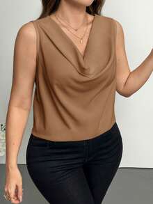 SHEIN Privé Áo kiểu dáng thanh lịch, cổ khoét sâu, không tay, ôm sát, cỡ lớn, thích hợp cho tiệc tùng và hẹn hò, mùa xuân/hè. - Lạc đà - Xem 9