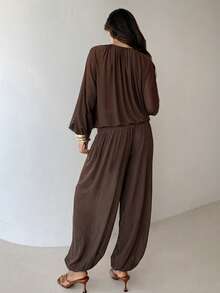 Aloruh Women's Elegant Sexy Fashionable High-End Romantic Date Beach Vacation Sheer Deep V Waist Tie Long Sleeve Mesh Lantern Jumpsuit, Spring/Summer - Brown - View 2