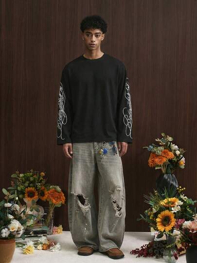 TOKVUE Men's Casual Vintage Font Print Long Sleeve T-Shirt