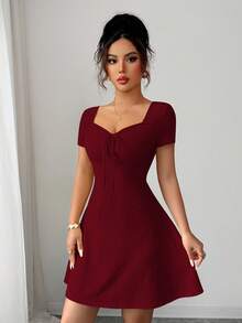 Elenzga 新款夏季奶油色针织提花性感修身系带迷你连衣裙（女款） - 酒紅色 - 查看 3