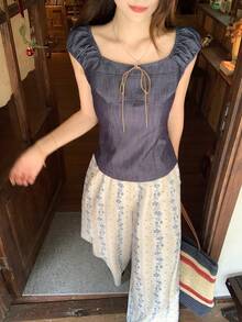 DAZY Women's Casual Lace-Up Design 2 Pieces Set, Versatile For Daily Wear, Summer - Blue - View 5