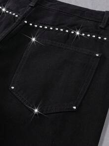 Manfinity Denimwave Casual Distressed Black Straight Loose Fit Maxi Jeans With Rivet Patchwork, Autumn/Winter - Black - View 3