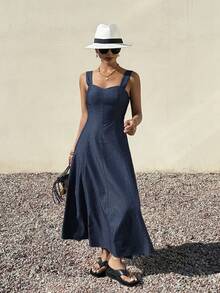 DAZY 女士牛仔连衣裙，宽肩带收腰设计 - 藍色 - 查看 1