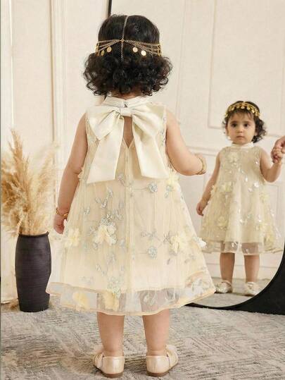 Baby Girls' Elegant Loose Mandarin Collar Sleeveless Small Ditsy Floral Organza Ruffle Hem A-Line Dress With Bow Back Decor, Suitable For Wedding, Party, Daily Wear, Blue