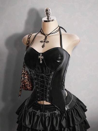 SHEIN ICON Women's Plus Size Retro Sexy Avant-Garde Fashion Modern Bold Millennial Style Y2K Dark Gothic Punk Style Outfit Mirrored PU Slim Fit Strappy Rhinestone Cross Decoration Black Halter Neck Top
