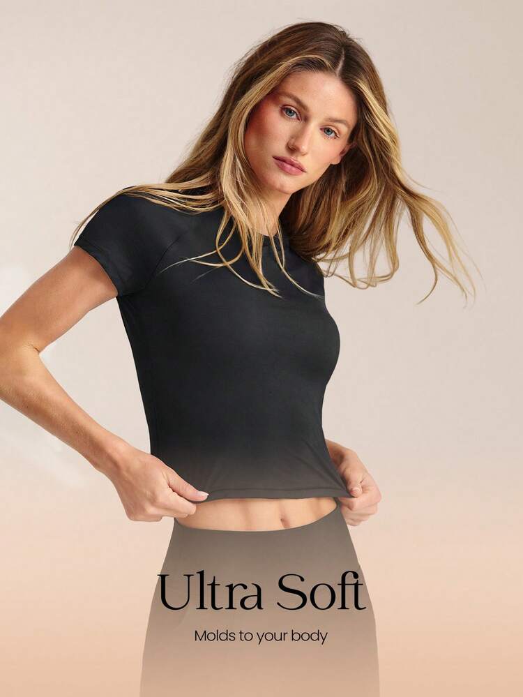 Glow Era Soft Stretchy Round Neck Slim Fit Cropped Short Sleeve Active Crewneck Tee Low-Impact Yoga Pilates Gym Studio Daily Casual Wear