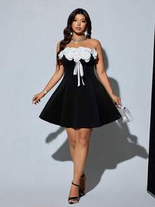 Viva Relle Plus Size Fashion 3D Rose Flower Bow Tie Bandage Cocktail Mini Dress - Black - View 4