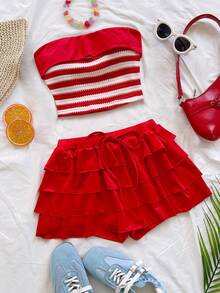 Soleia 女士休闲度假复古红白条纹撞色领抹胸上衣+红色抽绳蛋糕裙两件套，春夏款 - 紅白色 - 查看 8