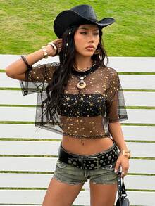 SHEIN EZwear 女士黑色金箔星形网纱圆领短袖露脐上衣 - 黑色 - 查看 4