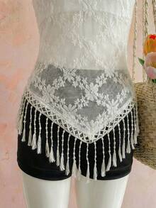 Selianne Áo tank top nữ thanh lịch, thời trang, thoải mái, quyến rũ, cổ điển tối giản, cao cấp, lãng mạn, thích hợp cho kỳ nghỉ, không tay, cổ yếm, thắt nơ ở eo, ôm sát, viền ren jacquard, phối tua rua, màu trơn. - trắng - Xem 5