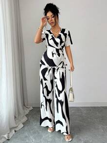 Elenzga Women's Black Contrast Color Print Waist Tie Design Top And Straight Leg Pants 2 Piece Set, Suitable For Outings And Home Wear, Spring/Summer - Multicolor - View 3