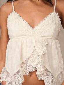 SHEIN BAE 女士米色亚麻面料假日休闲蕾丝刺绣拼接荷叶边吊带背心，适合作为亚麻上衣、度假上衣、沙滩上衣、休闲上衣、可爱上衣、夏季上衣 - 白色 - 查看 8