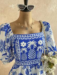 Soleia 大码女式方领蓝色手绘花卉印花泡泡袖短袖连体裤，春季 - 藍白色 - 查看 3