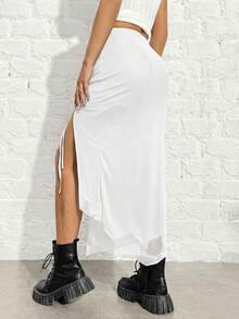 SHEIN EZwear 白色针织抽绳高开衩女士修身半身裙 - 白色 - 查看 2