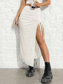 SHEIN EZwear 白色针织抽绳高开衩女士修身半身裙 - 白色 - 查看 3