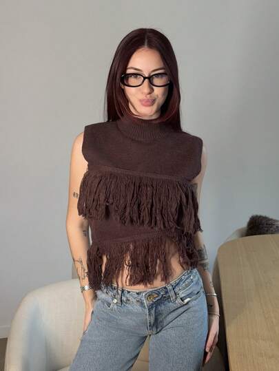 Abrilcols Chaleco sin mangas de punto de unicolor con flecos decorados y bajo asimétrico, top de suéter básico para el tránsito urbano, casual de negocios, uso de oficina, elegante para fiestas de Navidad, Año Nuevo, color marrón