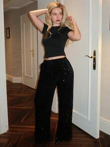 Turnttoni Women's Black Velvet Shiny Sequin Casual/Concert/Cocktail Party/Night Out/Carnival Drawstring Wide Leg Pants, Shiny - Black - View 1