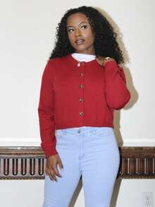 Steph T Classic Front Button Long Sleeve Cardigan, Fashionable For Autumn/Winter - Red - View 5