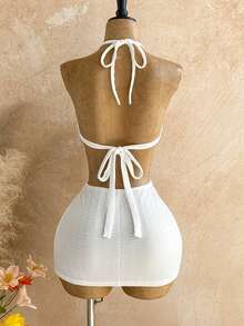 Soleia Summer Outfit For Women Dress Party Beach White Women's Solid Color Shell Decor Cutout Waist Backless Halter Mini Vacation - White - View 2