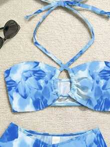 Soleia Bộ bikini hai mảnh hở lưng in hoa dành cho nữ, kèm váy sarong. - Màu xanh nhạt - Xem 3