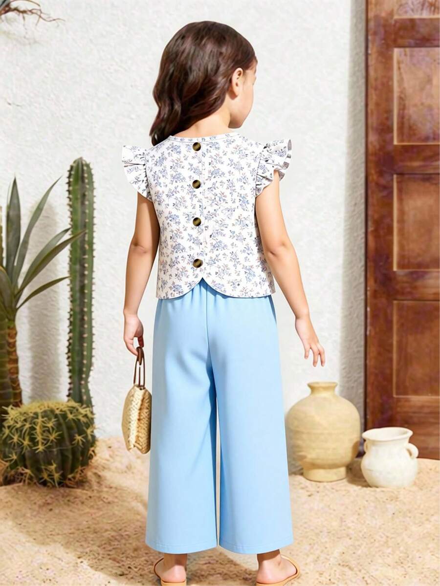 Elladie kids Bộ đồ 2 món cho bé gái: Áo thun ngắn tay cài cúc sau lưng và quần dài kiểu dáng thường ngày làm từ vải có họa tiết. - Màu xanh lam - Xem 1