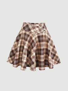 SHEIN Tween Girl Fashionable Elegant Woven Plaid Skirt - Apricot - View 2