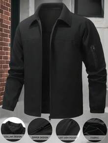 Manfinity Homme 男士加大码优雅男士商务外套，黑色，防水面料，时尚设计，男士黑色常规版型商务夹克，带拉链和领子，适合通勤，户外风衣 - 黑色 - 查看 2
