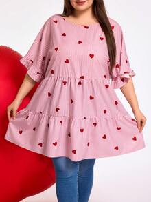 SHEIN CURVE+ 加大码女装春夏休闲条纹爱心图案灯笼袖复古衬衫波西米亚风度假风，情人节娃娃衬衫 - 彩色 - 查看 8