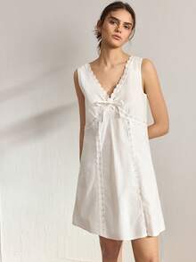Ocili 100% Cotton Embroidered Floral Trim Sleeveless Short Dress With Front Opening, Comfortable Nightgown For Women - White - View 5