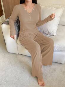 DAZY 2pcs/Set Women Casual Knit Cardigan Top And Loose Pajama Pants Homewear Set, Spring - Khaki - View 4