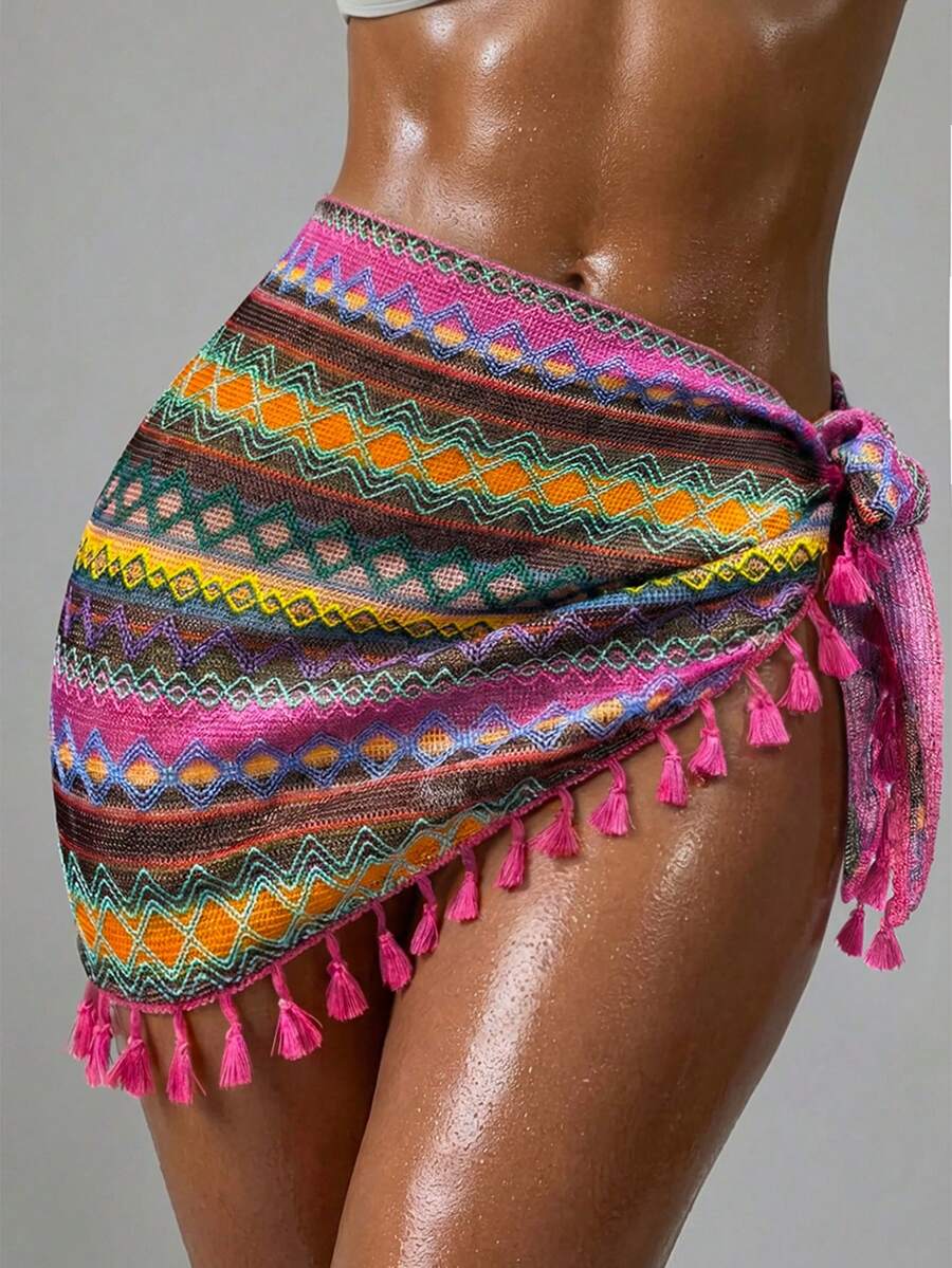 Swim Vcay 女士彩色流苏装饰打结下摆沙滩罩裙，适合春夏海滩度假 - 彩色 - 查看 1