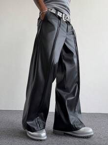 PAVTROS 男士黑色PU皮裤，宽松，朋友风，街头风，男士运动裤，休闲直筒时尚长裤，男士黑色阔腿裤，男士黑色宽松裤，男士皮裤，正装裤 - 黑色 - 查看 1