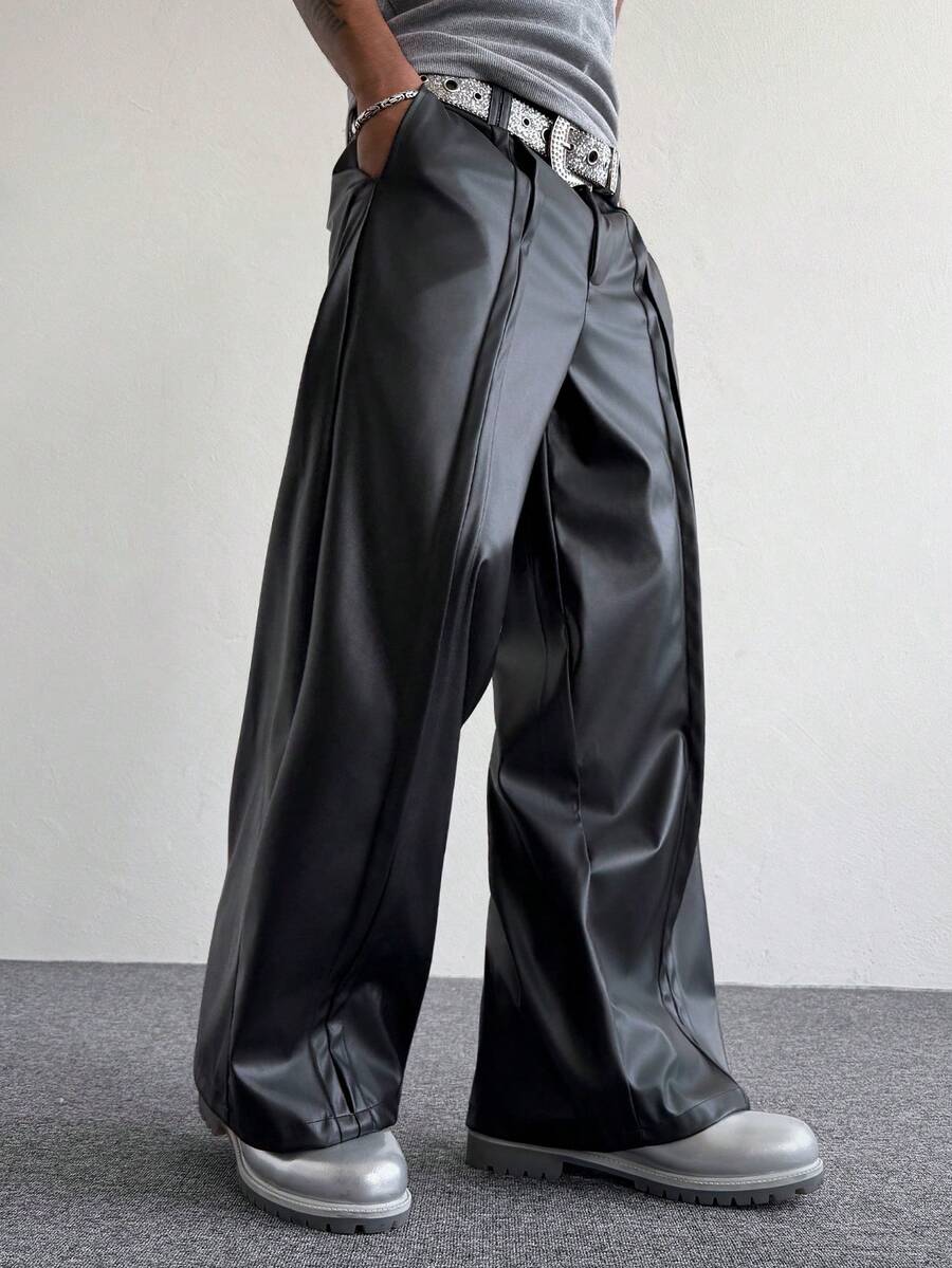 PAVTROS 男士黑色PU皮裤，宽松，朋友风，街头风，男士运动裤，休闲直筒时尚长裤，男士黑色阔腿裤，男士黑色宽松裤，男士皮裤，正装裤 - 黑色 - 查看 1