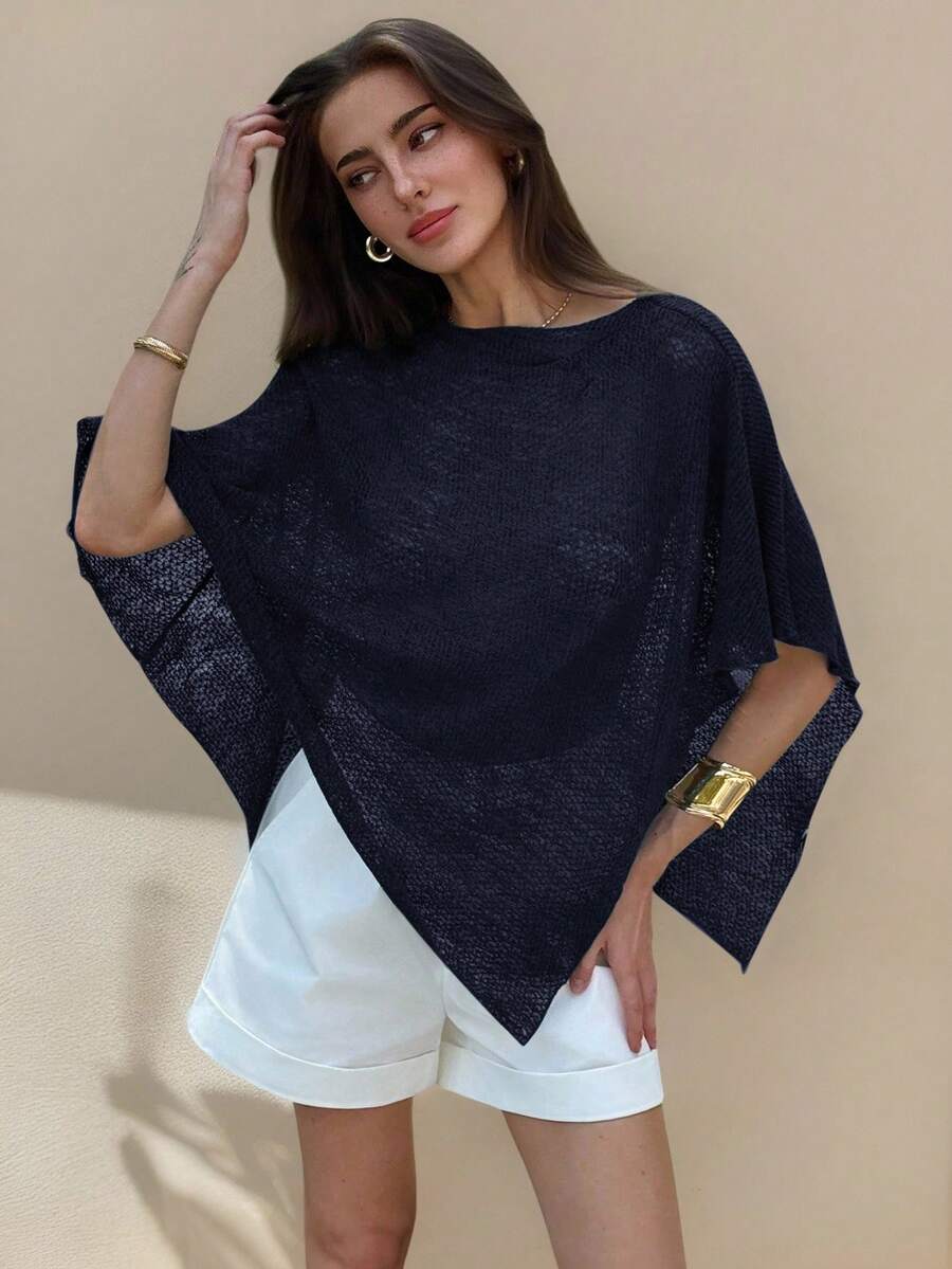 Aloruh Áo choàng dệt kim jacquard khoét lỗ màu mơ thời trang mới, đa năng, kiểu dáng cổ yếm, cổ áo choàng, thích hợp mặc đi nghỉ mát, nhẹ nhàng, kiểu dáng áo khoác ngoài. - Màu xanh hải quân - Xem 1