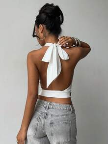 Aloruh Women's Vacation & Daily Wear Deep V Neck Halter Backless Shell Button White Tank Top - White - View 2