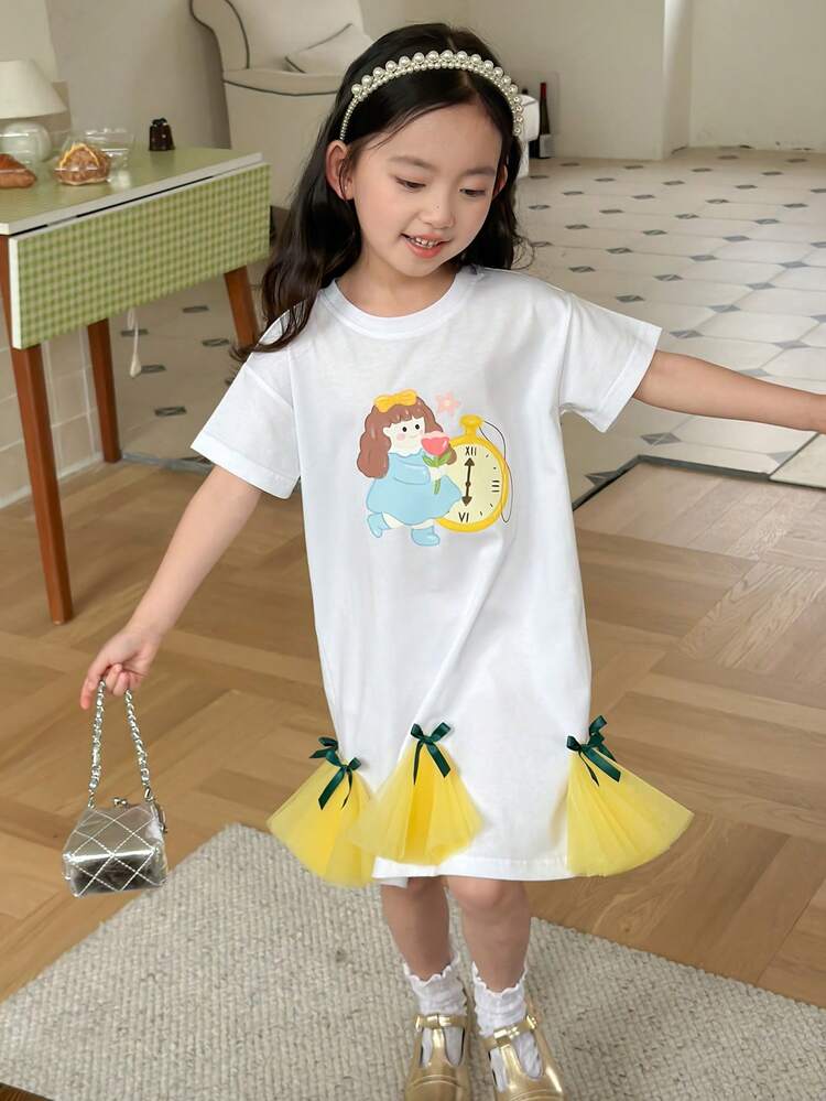 Young Girls Round Neck Knit Printed Short Sleeve Mesh Patchwork Dress, Fall Clothes