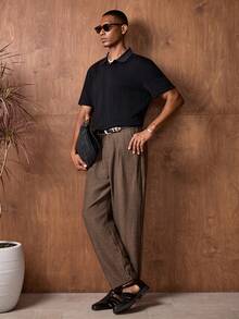 Business Casual AKNOTIC 男士人字纹斜插口袋休闲裤，适合圣诞派对、通勤、商务场合、送给男友的礼物、节日之选 - 棕色 - 查看 4