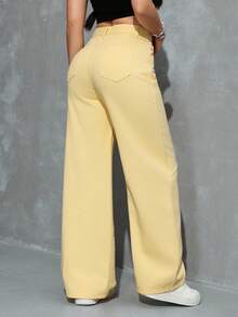Jeanoix Women's Casual Solid Color Slant Pocket Straight Leg Jeans - Mustard Yellow - View 2